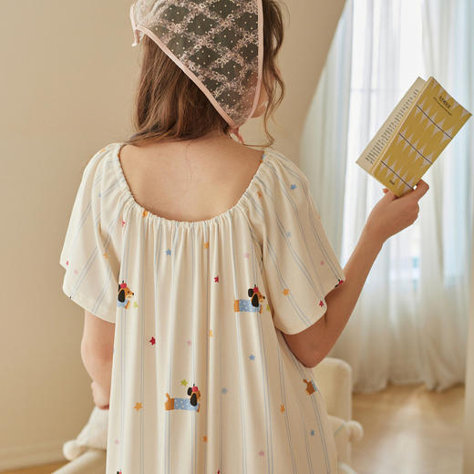 芬腾女士短袖睡裙纯棉甜美风夏季薄款休闲条纹全棉方领家居服中裙 商品图1