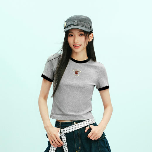 凉感T|森马罗小黑短袖T恤女夏短款撞色修身正肩2026新款休闲上衣 商品图2