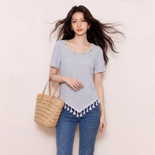 奢姿大码女装2026夏季时尚肌理方领针织衫胖妹妹不规则流苏上衣9962136052 商品图3