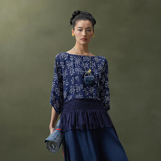 【林栖设计小店】蓝印雅意|梅兰竹菊复古优雅飞片拼接2026夏新款衬衫上衣 商品图6