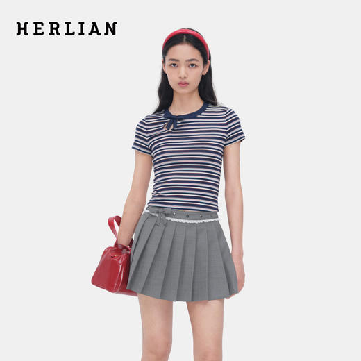 HERLIAN 2026年夏季新品条纹蝴蝶结女士修身百搭短袖T恤 商品图0
