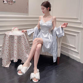 【纯欲性感！冰丝面料】性感睡衣女v字领带胸垫两件套睡衣 网红吊带露背睡裙睡袍家居服。xb