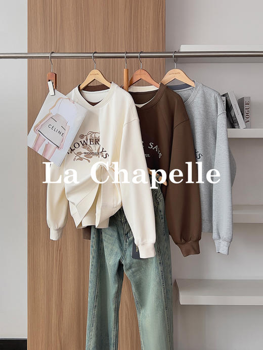 专柜实拍【花语卫衣！】拉夏贝尔/La Chapelle美式复古拼色圆领字母印花设计慵懒感三色长袖廓形卫衣 商品图0