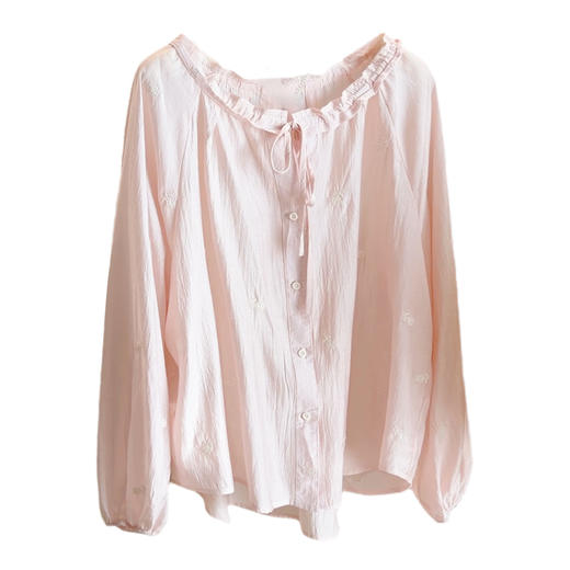 【韩版复古灯笼袖】显瘦玫瑰刺绣衬衫 春新款 木耳边绑带宽松防晒上衣  商品图1