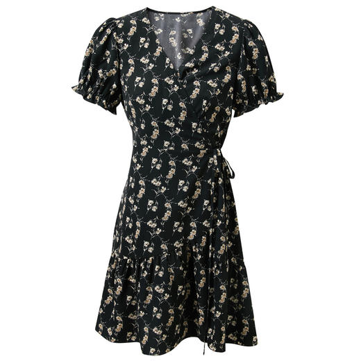 三彩2026夏季新款碎花连衣裙法式V领收腰A字裙短裙S 商品图4