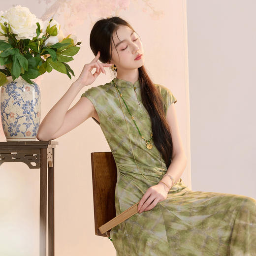 【青岚入梦】三彩2026夏季新款立领网纱印花连衣裙新中式A字长裙C 商品图3