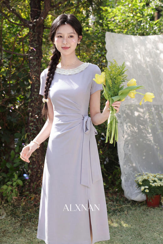 鹿向南「花海序幕」夏季新款慵懒感气质设计小众法式紫色连衣裙子 商品图5