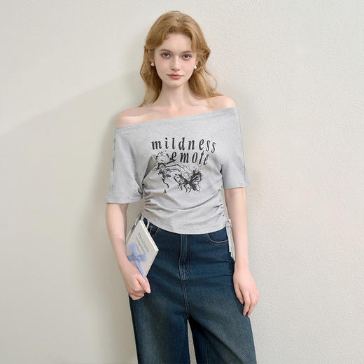 美式复古辣妹斜肩露肩印花短袖T恤女夏季收腰抽褶上衣LXD50890 商品图4