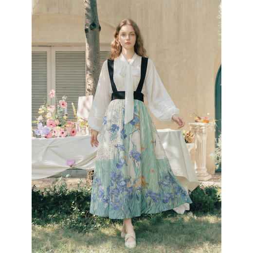 两三事梵高文艺 蓝调花期 2026夏季新款复古印花拼色背带裙半身裙 商品图3