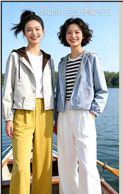 682601时尚休闲款拼色带帽夹克