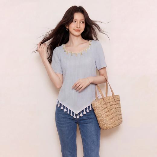 奢姿大码女装2026夏季时尚肌理方领针织衫胖妹妹不规则流苏上衣9962136052 商品图1