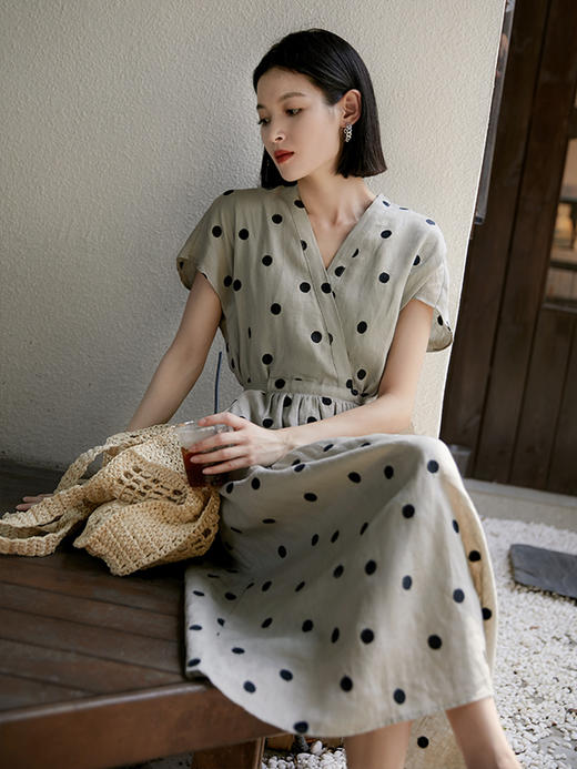 【清仓】姹弥·夏日出游灰底波点亚麻连衣裙 清透氧气感轻法式风 商品图1