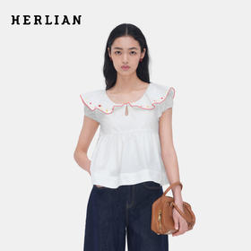 HERLIAN 2026年夏季新品绣花荷叶领衬衫女士显瘦俏皮短袖上衣