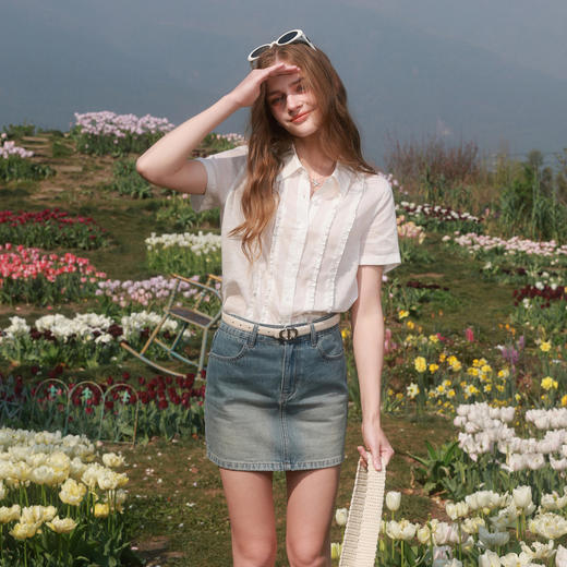 【莱赛尔】三彩2026夏季新款休闲白衬衫木耳边翻领衬衣M 商品图2