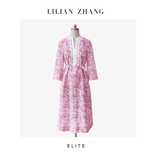 静奢风 「南法花影」 法式度假风粉腰果织带V领棉麻A字裙 2601005 商品图1