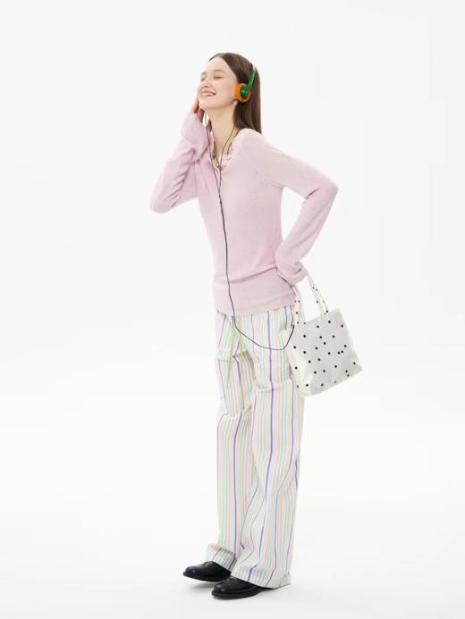 heris/H61130/色彩假日条纹 撞色拼接腰头 窄版直筒中低腰抽绳裤显瘦 商品图1