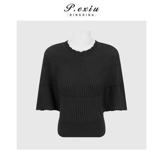 PanYiXiu/潘依绣人丝竖坑条气质收腰显瘦蝙蝠袖圆领针织上衣 ZZ1133 商品图0