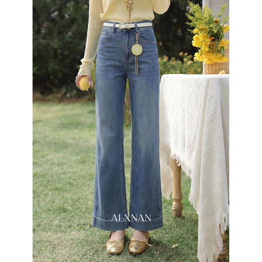 鹿向南「海隅闲行」蓝色牛仔裤春季新款时尚高腰修身直筒长裤女 商品图0