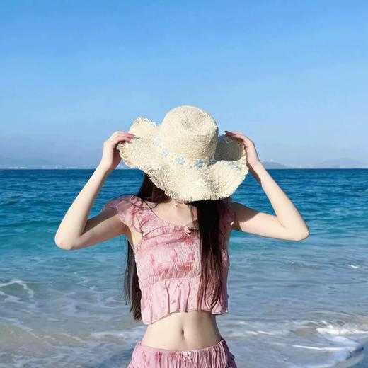 夏季海边沙滩度假拍照花朵帽檐草帽女百搭简约遮阳防晒帽子 商品图2