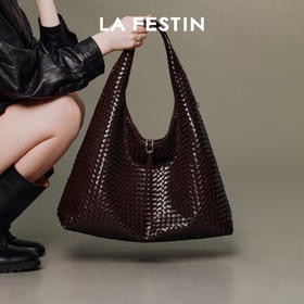 拉菲斯汀 织织包大容量通勤单肩腋下包黑色编织手提包