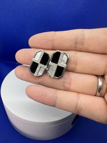 【日本溯源之旅】白昼 Pt900钻石耳夹 黑玛瑙拼接灰贝母 经典钻石方格 简约大牌感  钻石0.27ct. 弹力双夹 10g（展会产品拍下后不支持7天无理由退换货）