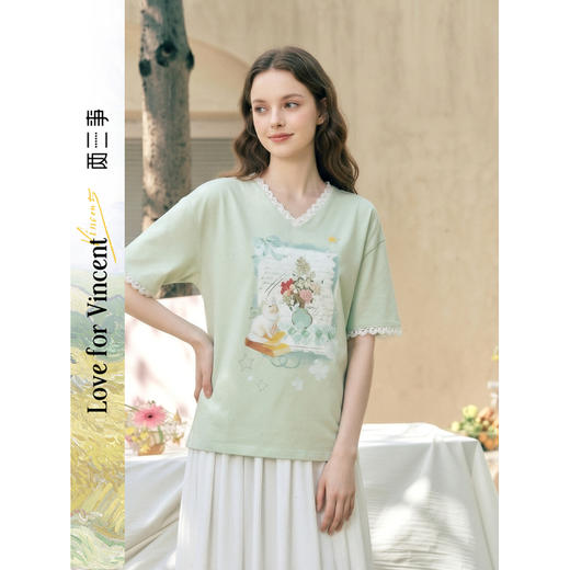 两三事梵高文艺浅昼微澜2026夏季新款小清新印花蕾丝拼接棉t恤女 商品图0