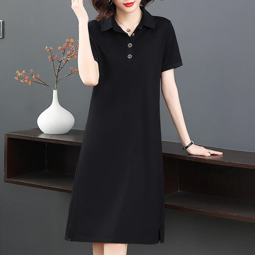 休闲连衣裙女夏季2025新款黑色大码胖mm遮肚显瘦中长款polo领裙子 商品图1