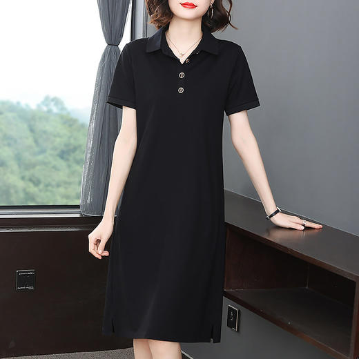 休闲连衣裙女夏季2025新款黑色大码胖mm遮肚显瘦中长款polo领裙子 商品图3