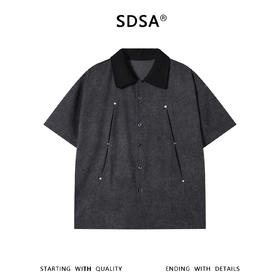 SDSA男装2026新款高贵轻奢韩系铆钉拼接翻领短袖衬衫百搭时尚上衣