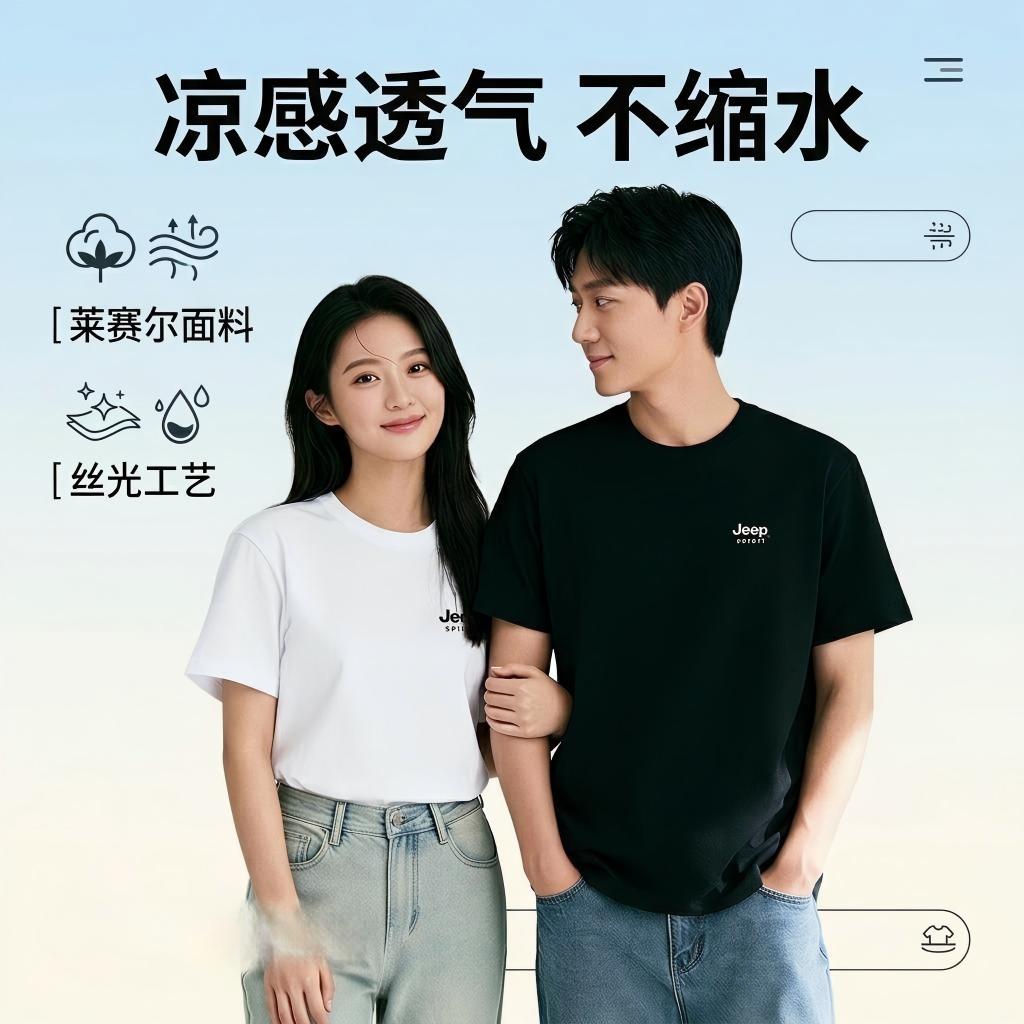 男女同款【JEEP SPIRIT莱赛尔天丝T恤3535款-凉感抑菌驱蚊】50支纱罗马布 丝光工艺 不缩水不变形 冰凉感 10A级抗菌、驱蚊、消臭、防螨