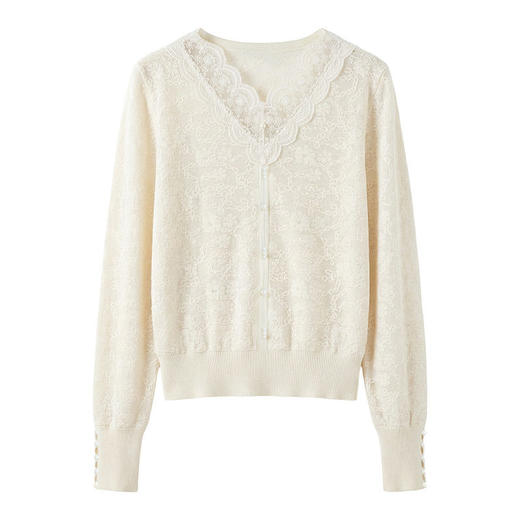 「自」全新升级【铂金会员137/天猫179/差价42】(94822)洛诗琳气质蕾丝拼接V领针织衫女2026新款女人味提花打底上衣 商品图4