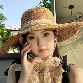 蕾丝系带编织草帽女夏季出游大帽檐防晒遮阳帽海边防紫外线沙滩帽