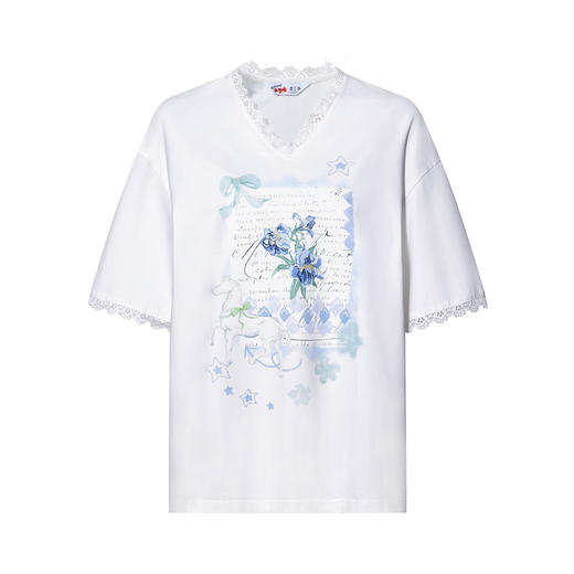 两三事梵高文艺浅昼微澜2026夏季新款小清新印花蕾丝拼接棉t恤女 商品图4