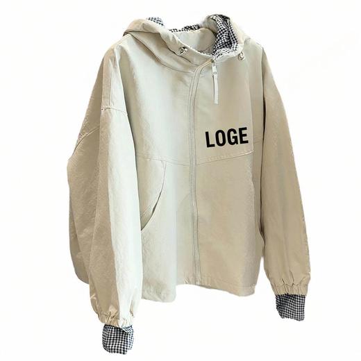 文艺范拉满！格子拼接连帽风衣！2026女短外套春季新款韩版休闲百搭宽松显瘦长袖夹克！ 商品图1