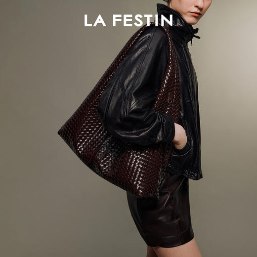 拉菲斯汀 织织包大容量通勤单肩腋下包黑色编织手提包 商品图2