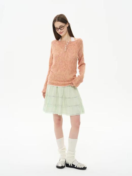 heris/H61122/苹果绿轻盈垂感 花边层次拼接 中长A字蛋糕裙半身裙 商品图1