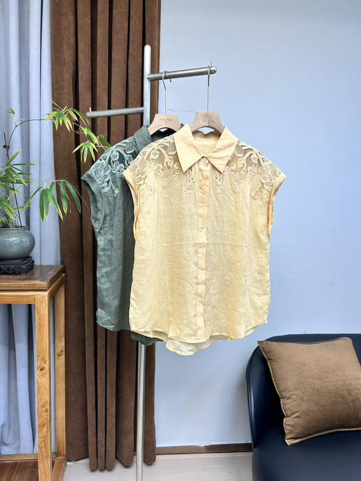 原单新款100%苎麻小飞袖勾花衬衫 商品图0