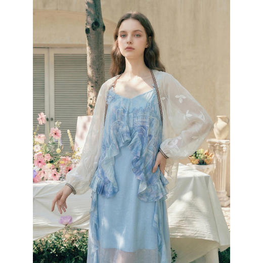 两三事零点潮声2026夏新款度假风荷叶边印花蕾丝花朵吊带裙连衣裙 商品图2