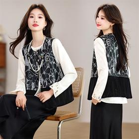 春款新中式立体花卉剪裁拼接洋气缎面衬衫两件套