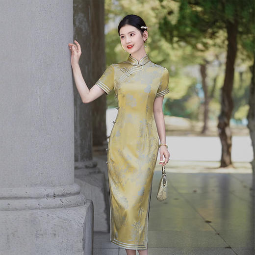 【预售3天】高端桑蚕丝高级感改良旗袍金色真丝交织连衣裙气质提花缎长款新款旗袍XLY25080 商品图2
