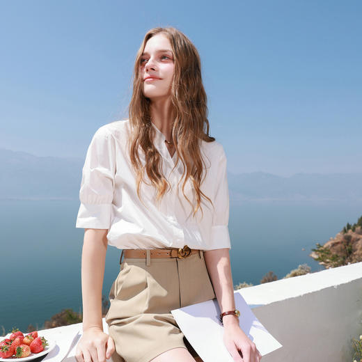 【100棉】三彩2026夏季新款休闲白衬衫宽松中袖衬衣简约M 商品图1