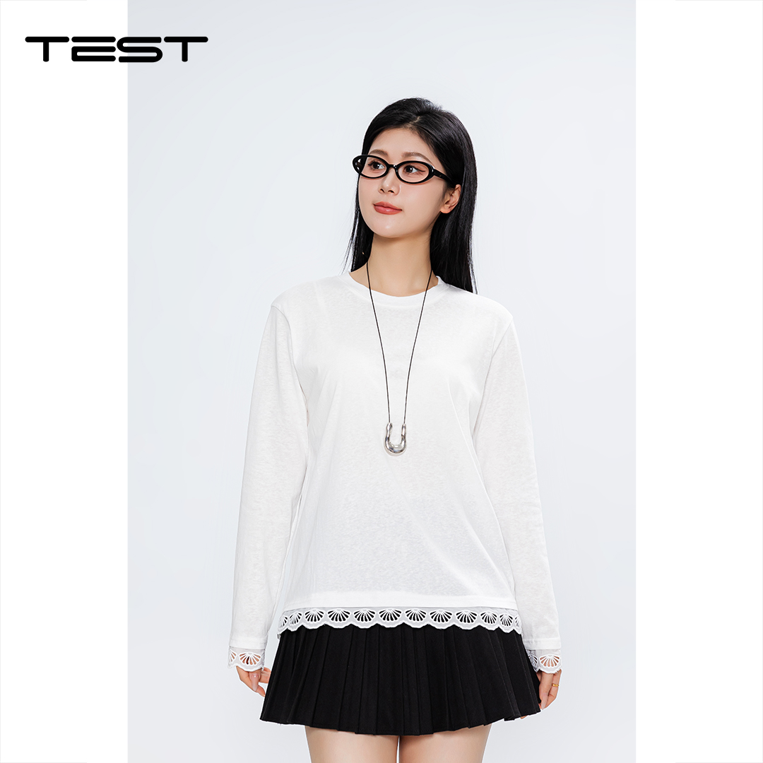 春上新小众设计感蕾丝花边拼接长袖T恤1261047