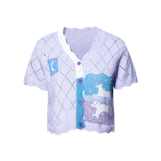 两三事淡彩纪事2026夏新款温柔风镂空菱形格毛巾绣短款针织开衫女 商品图4