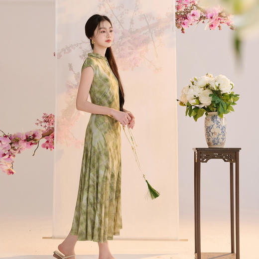 【青岚入梦】三彩2026夏季新款立领网纱印花连衣裙新中式A字长裙C 商品图1