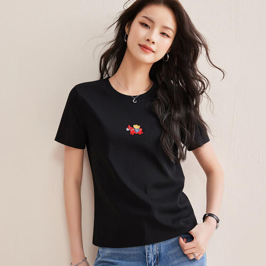 「自j」全新升级【铂金会员119/天猫159/差价40】(10135)洛诗琳气质刺绣小马T恤女2026夏季新款百搭丝光棉短袖上衣 商品图4