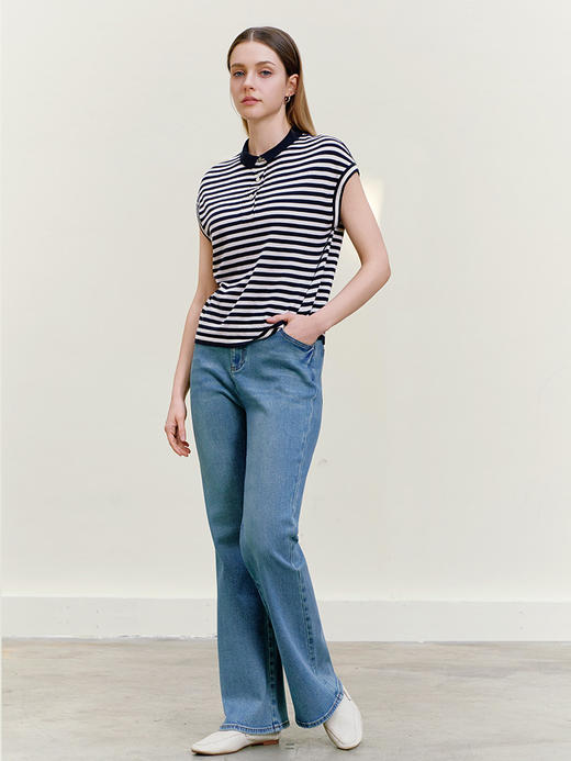 【棉麻丝条纹针织衫】26年春夏新品女士POLO领针织短袖上衣 商品图2