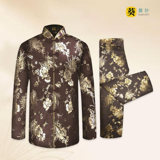 女士寿衣寿服烫金唐装“咖啡寿花”薄款寿衣六件套 商品图1