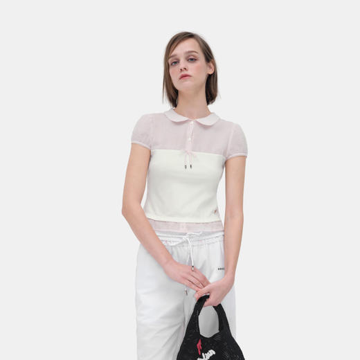 HERLIAN 2026年夏季新品蝴蝶结装饰假两件上衣女士修身翻领短袖 商品图1