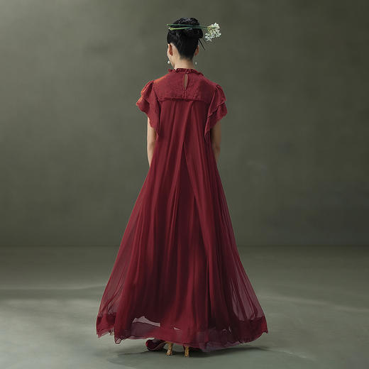 【林栖设计小店】榴花灼灼|酒红金线人丝提花拼飞片2026夏新款连衣裙 商品图3