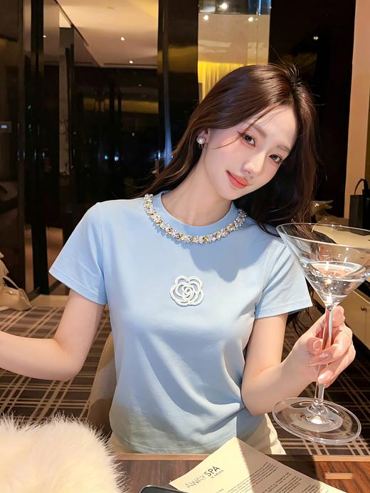 张心子【山茶栀意】圆领气质小香山茶花编织织带T恤上衣 U2603050 商品图6